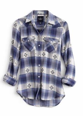 American Eagle Blue Plaid Pearl Snap Western Cowboy Cowgirl Shirt Boho Small